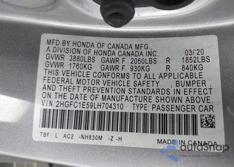 2020 Honda Civic Si Sedan z USA, uszkodzony, nr VIN 2HGFC1E59LH704310